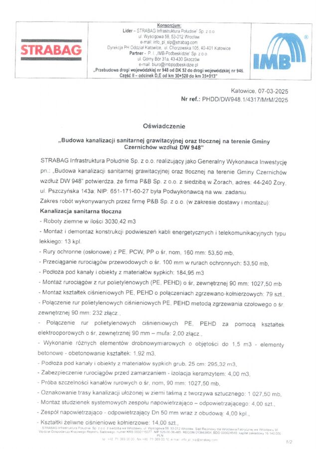 Podgląd pierwszej strony referencji STRABAG dotyczącej kanalizacji w Czernichowie