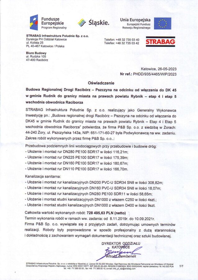 Podgląd referencji STRABAG dotyczącej drogi Racibórz–Pszczyna