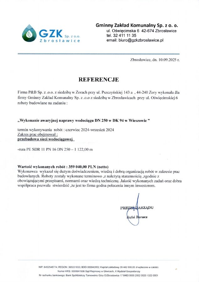 Podgląd referencji dotyczącej naprawy wodociągu w Wieszowie przy DK 94
